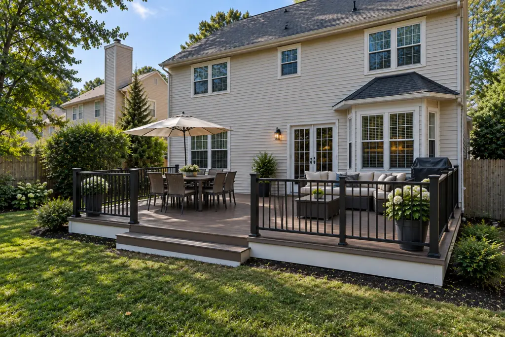 Completed composite deck in Glenmont, MD with modern black railings, wood-look decking, outdoor seating, and landscaped backyard