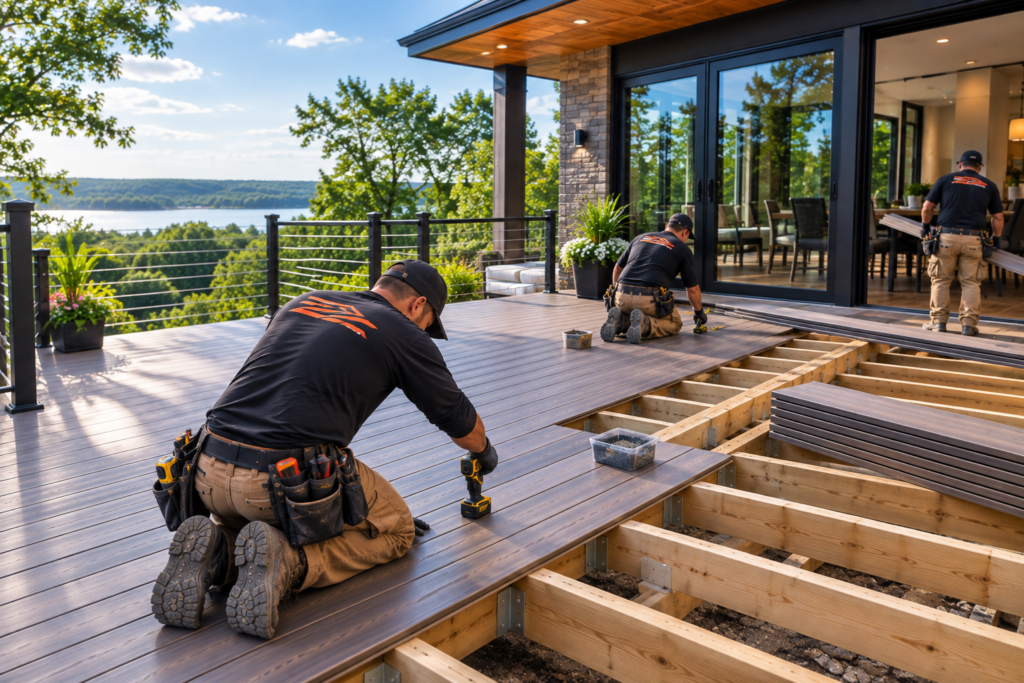 Professional composite deck builder installing a modern low‑maintenance deck with premium boards and aluminum railings.