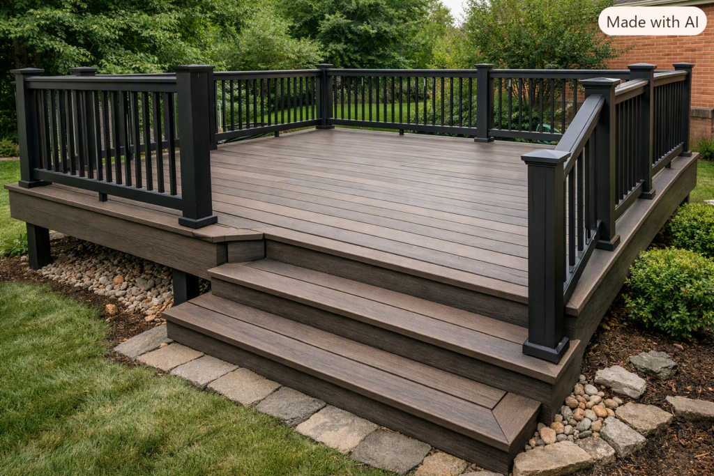 New composite deck built by DeckMaxtor featuring gray‑brown boards, black railings, and wide stairs leading to a landscaped backyard.