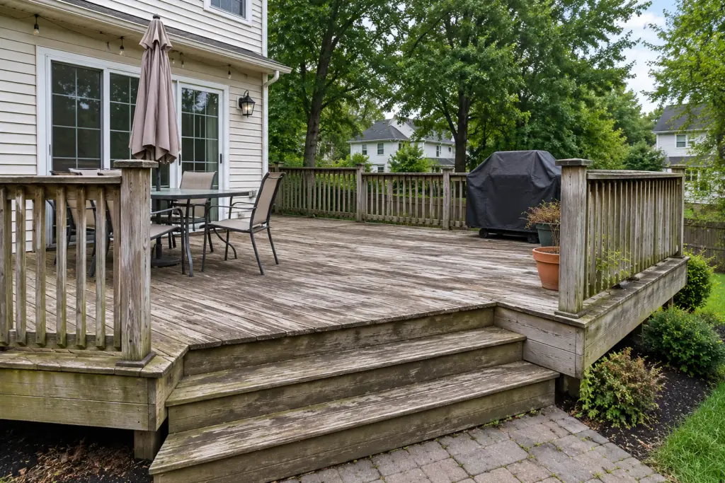 Before composite deck builder project in Kensington, MD showing a weathered wooden deck
