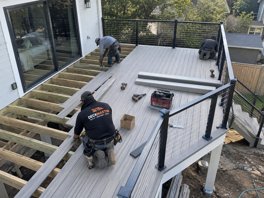 Professional composite deck installation in Maryland featuring gray boards, aluminum railings, and precise craftsmanship during construction.