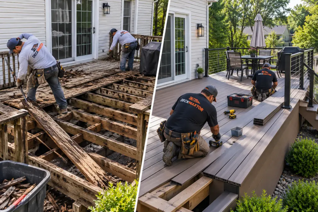 Contractor converting an old wood deck into a modern composite deck, removing worn boards and installing durable composite materials.