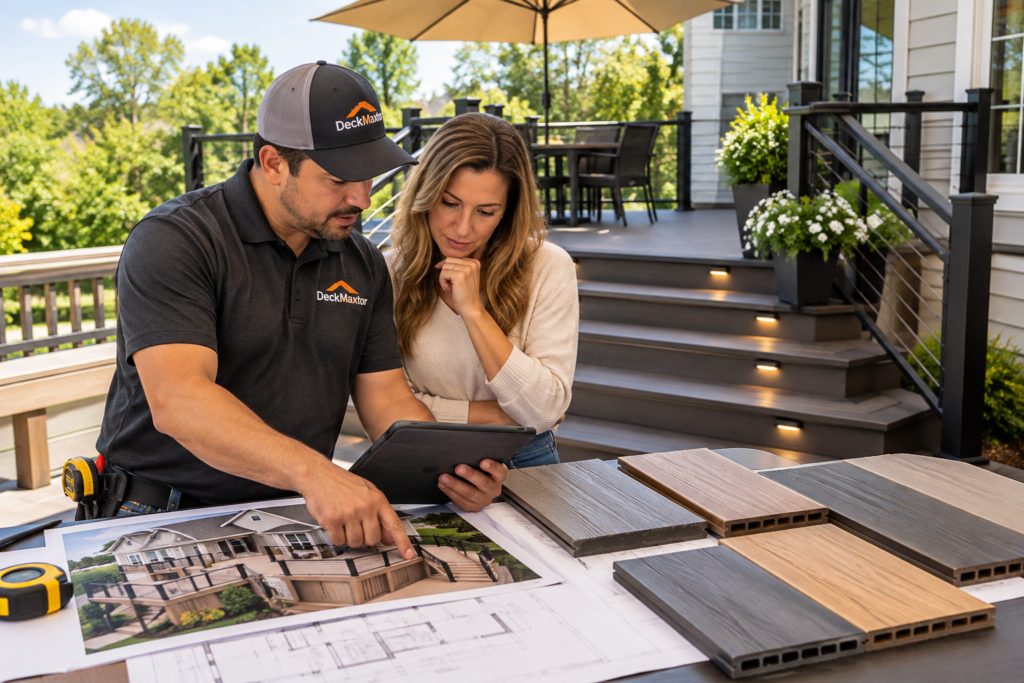 Composite deck design and planning in Montgomery County, MD with decking samples and custom deck plans